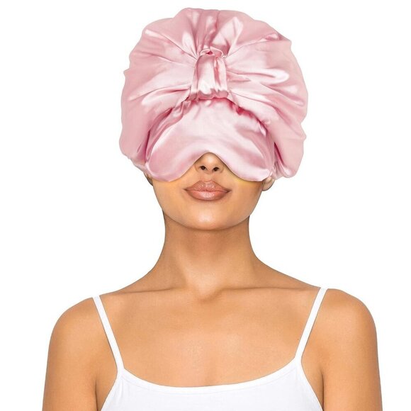 Satin Bonnet With Eye Mask Adjustable for Sleep Curly Hair Women\'s Pink